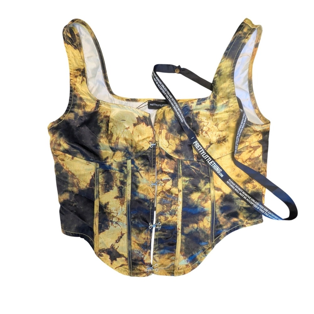 PrettyLittleThing Yellow Tie Dye Eyehook Front Structured Corset Top US 6 NEW